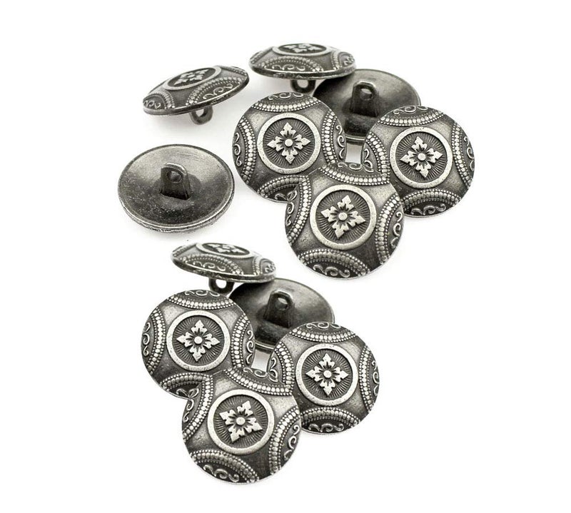 RECHERE 12 PCS Flower Pattern Antique Metal Shank Buttons Craft for DIYS Sewing Embellishment (Antique Silver 20mm)